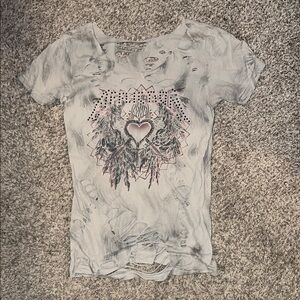 Affliction Heart Graphic Distressed Tee in Gray